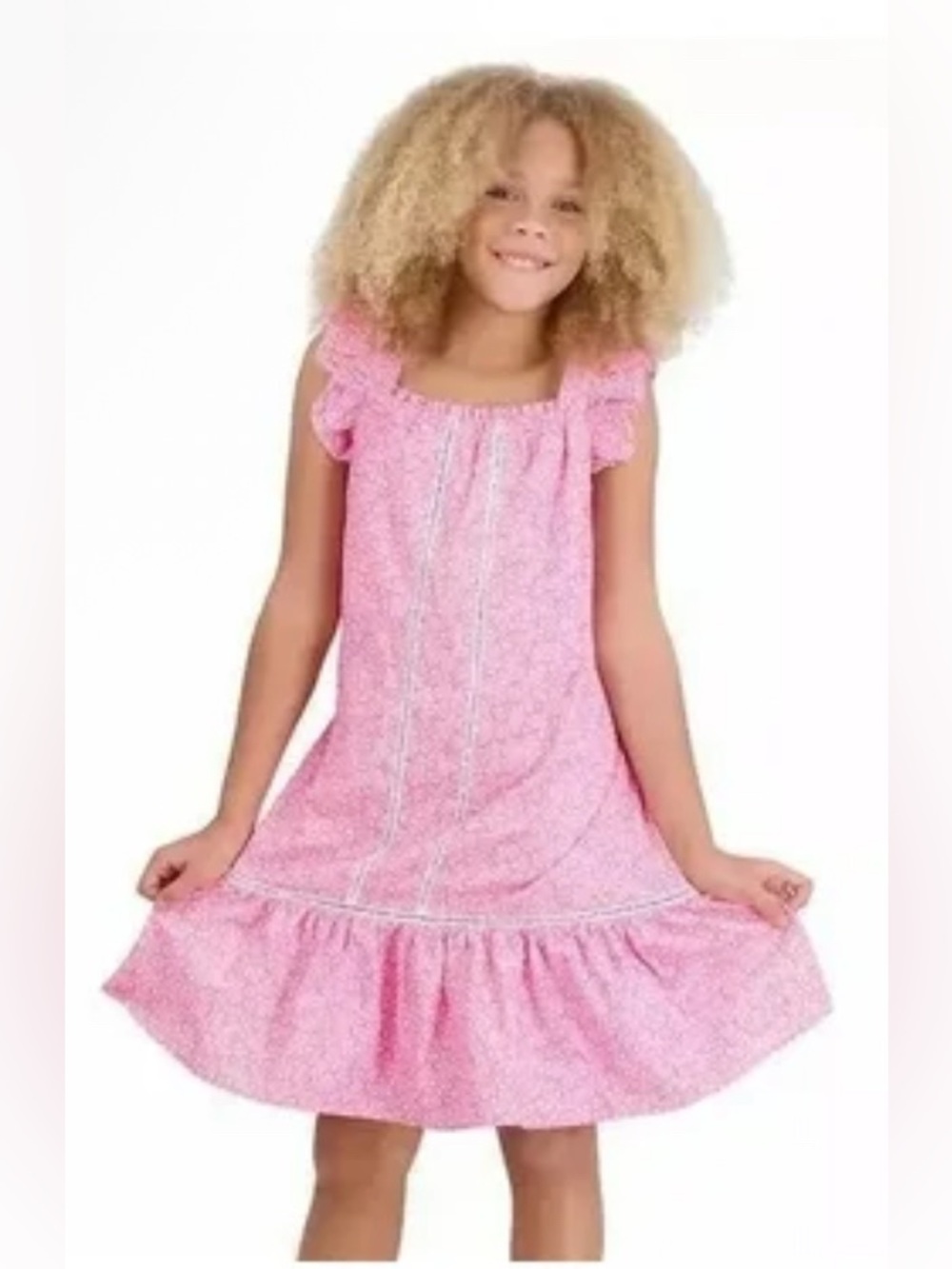 Girls French Connection ruffled embroidered pink and white midi dress